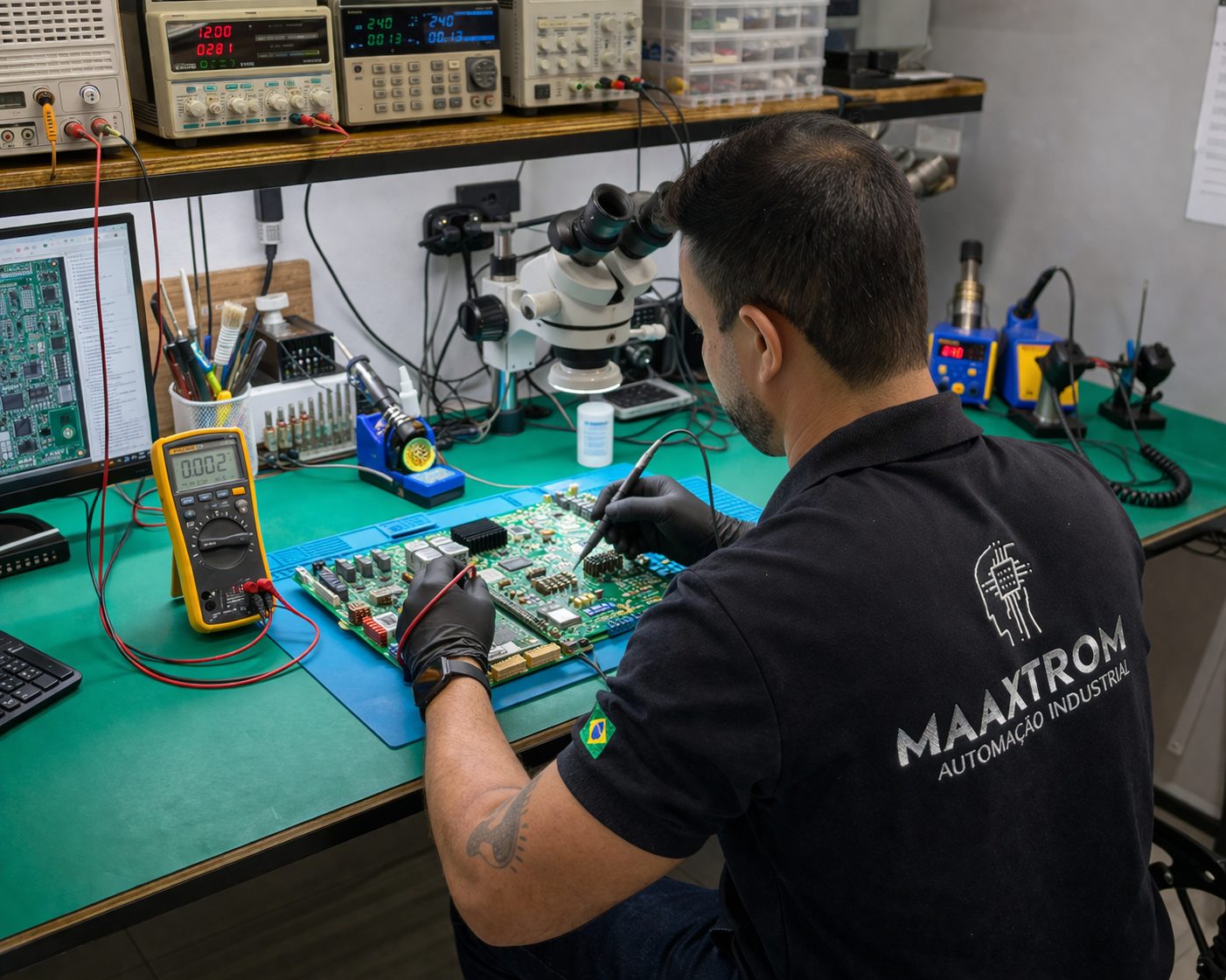 Painel industrial com CLPs, IHMs e equipamentos de automação