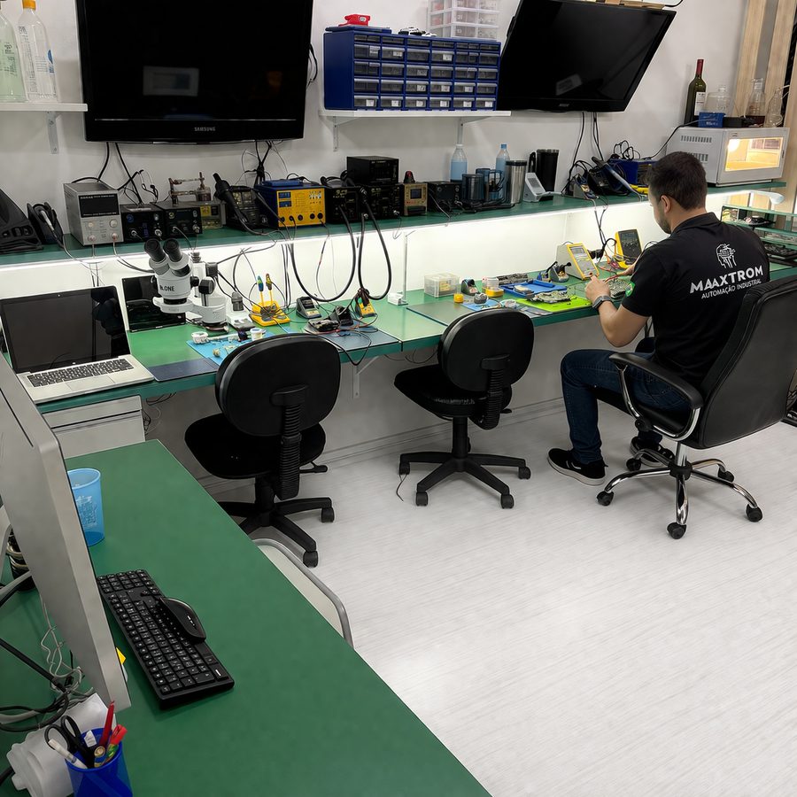 Bancada de reparo eletrônico no laboratório Maaxtrom